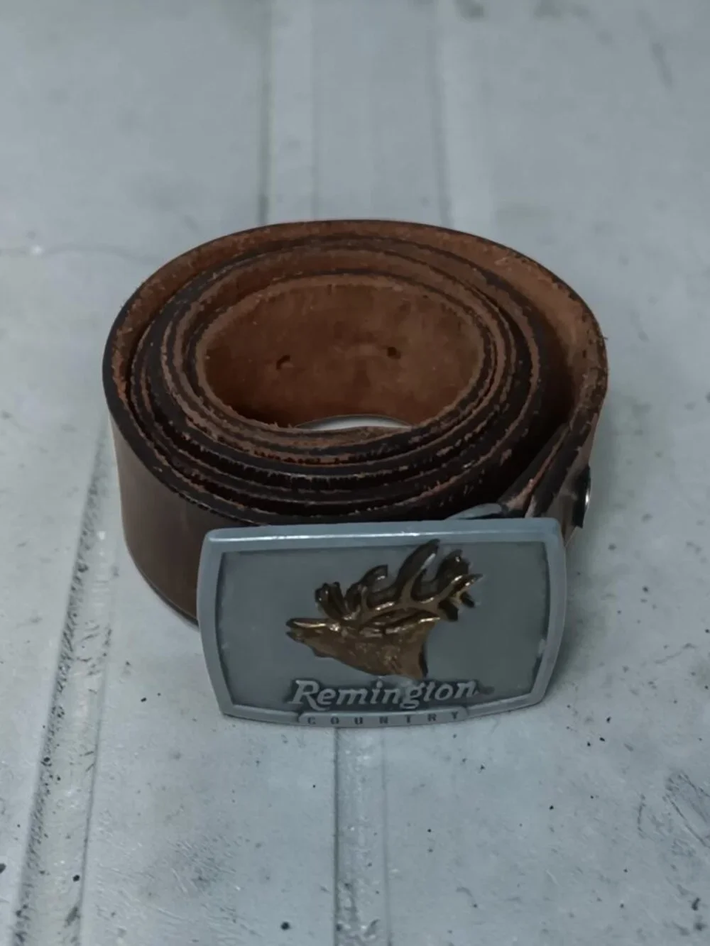 Mens Brown Leather Belt USA Made with Remington Country Bugling Elk Buckle 1986